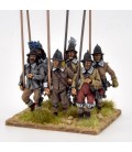 Unarmoured pikemen marching, helmets